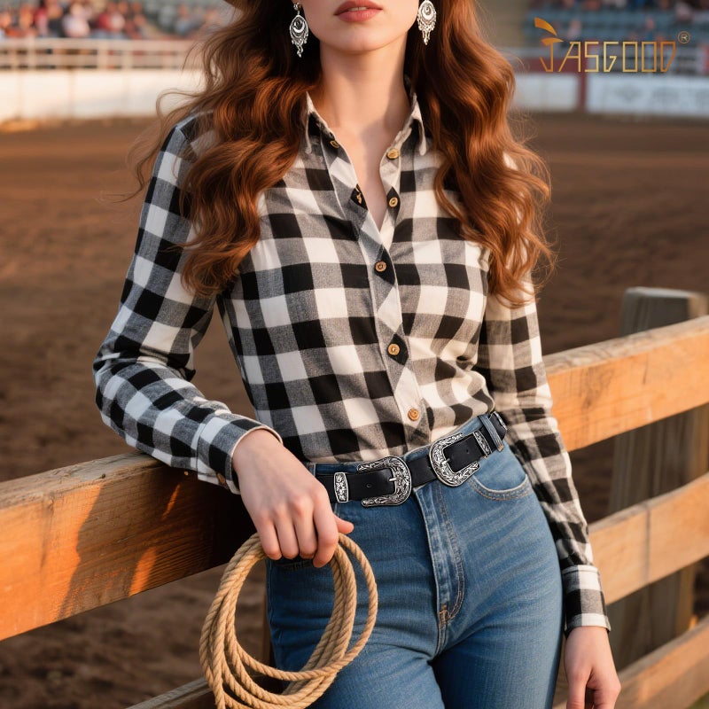 JASGOOD Double Buckle Western Belts For Woman Cowgirl Country Belt Vintage Black Leather Belt For Jeans Pants Dresses - Image 4